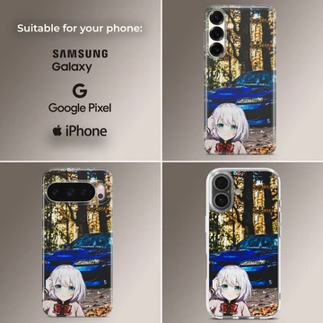 Anime JDM phone case featuring blue sports car and anime character — Collage
