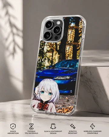 Anime JDM phone case featuring blue sports car and anime character — Specs