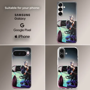Anime JDM character alongside a sleek car on phone case — Collage