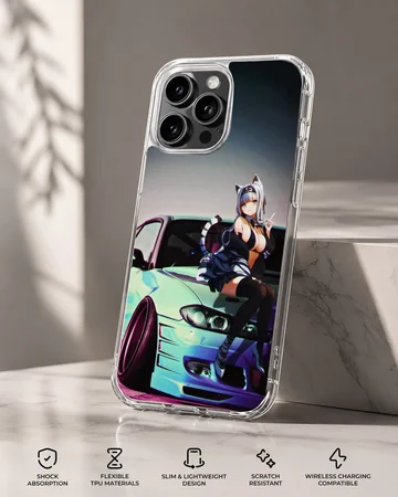 Anime JDM character alongside a sleek car on phone case — Specs