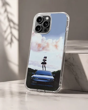 Anime character standing on a JDM car, blue sky background phone case — Hero