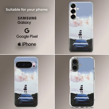 Anime character standing on a JDM car, blue sky background phone case — Collage