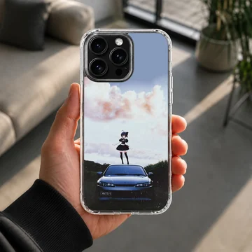 Anime character standing on a JDM car, blue sky background phone case — Lifestyle