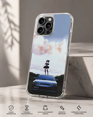 Anime character standing on a JDM car, blue sky background phone case — Specs