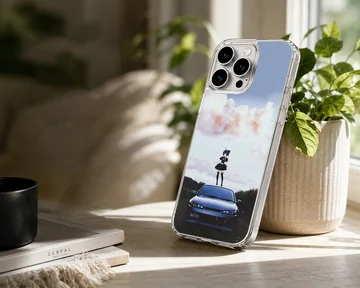Anime character standing on a JDM car, blue sky background phone case — Lifestyle