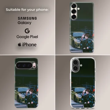 Dynamic anime JDM car scene phone case with character illustration. — Collage