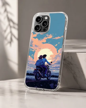 Anime motorcycle artwork with sunset on phone case — Hero