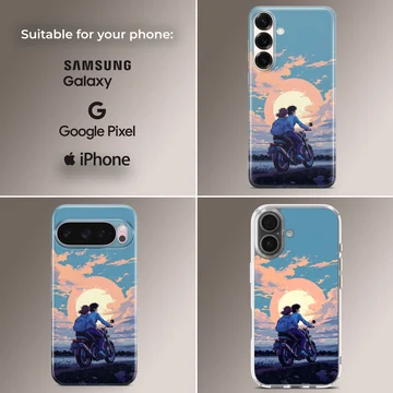 Anime motorcycle artwork with sunset on phone case — Collage
