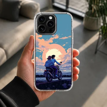 Anime motorcycle artwork with sunset on phone case — Lifestyle