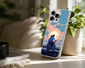 Anime motorcycle artwork with sunset on phone case — Lifestyle
