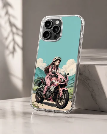 Anime motorcycle illustration with rider on phone case — Hero