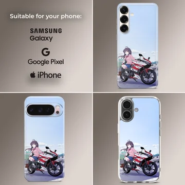 Anime motorcycle with a character on road phone case — Collage