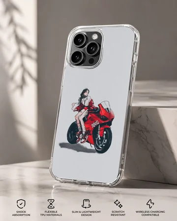 Anime motorcycle character in dynamic red and black, phone case — Specs