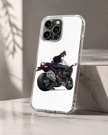 Anime motorcycle rider with sleek bike on phone case — Hero