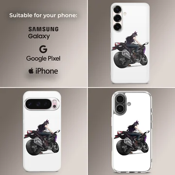 Anime motorcycle rider with sleek bike on phone case — Collage