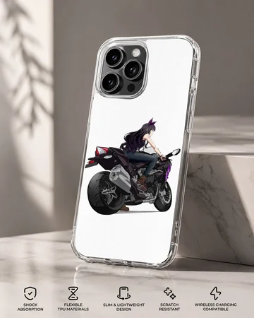 Anime motorcycle rider with sleek bike on phone case — Specs