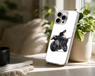 Anime motorcycle rider with sleek bike on phone case — Lifestyle