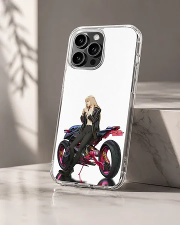 Anime character with motorcycle in digital artwork on phone case — Hero
