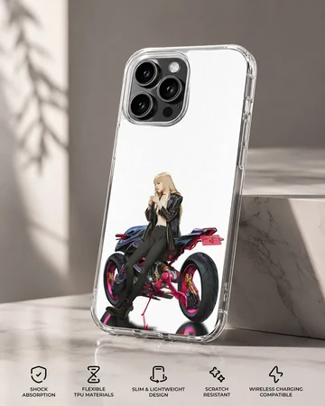 Anime character with motorcycle in digital artwork on phone case — Specs