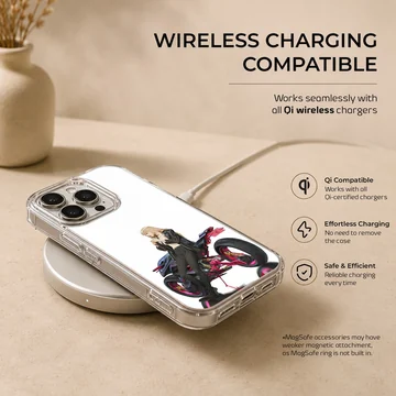 Anime character with motorcycle in digital artwork on phone case — Charging