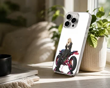 Anime character with motorcycle in digital artwork on phone case — Lifestyle