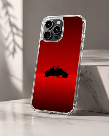 Silhouette of a motorcycle rider in a red background on phone case — Hero