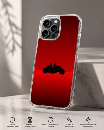 Silhouette of a motorcycle rider in a red background on phone case — Specs