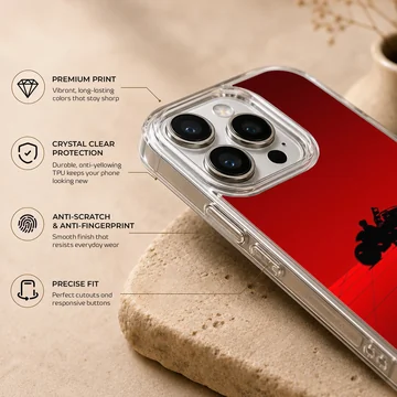 Silhouette of a motorcycle rider in a red background on phone case — Info