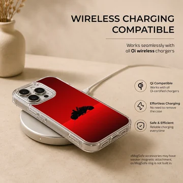 Silhouette of a motorcycle rider in a red background on phone case — Charging