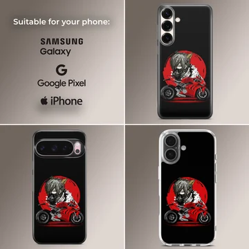 Anime motorcycle artwork with red backdrop on phone case — Collage