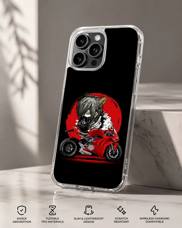 Anime motorcycle artwork with red backdrop on phone case — Specs