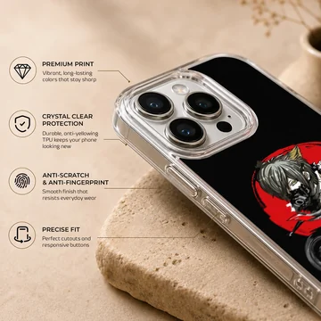 Anime motorcycle artwork with red backdrop on phone case — Info