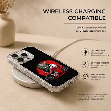 Anime motorcycle artwork with red backdrop on phone case — Charging