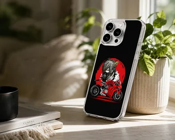 Anime motorcycle artwork with red backdrop on phone case — Lifestyle
