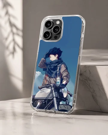 Anime motorcycle rider under blue sky on phone case — Hero