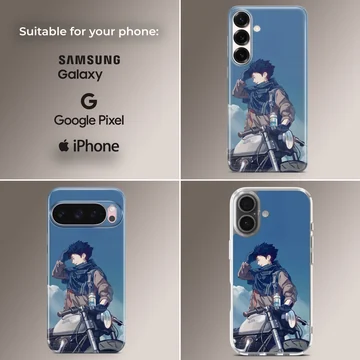 Anime motorcycle rider under blue sky on phone case — Collage