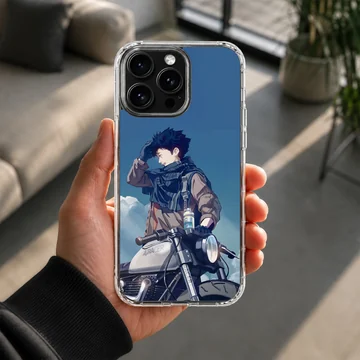 Anime motorcycle rider under blue sky on phone case — Lifestyle