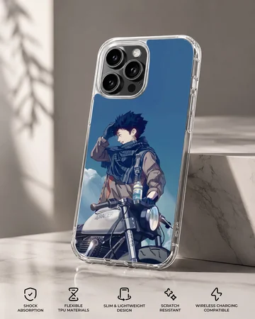 Anime motorcycle rider under blue sky on phone case — Specs