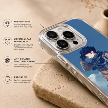 Anime motorcycle rider under blue sky on phone case — Info