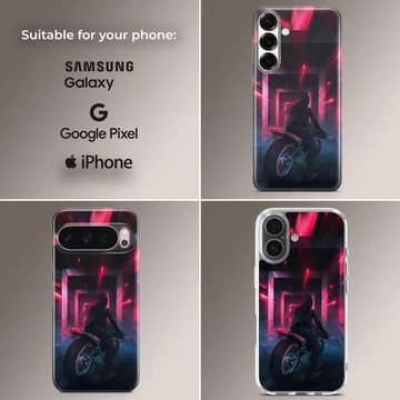 Anime motorcycle design with dynamic lighting on phone case — Collage