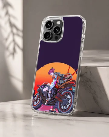 Anime motorcycle rider with vibrant sunset on phone case — Hero