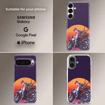 Anime motorcycle rider with vibrant sunset on phone case — Collage
