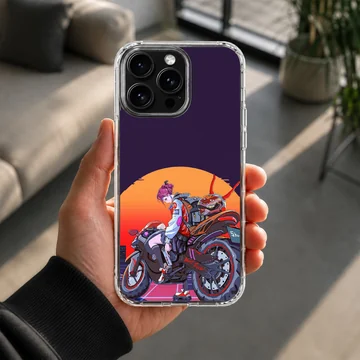 Anime motorcycle rider with vibrant sunset on phone case — Lifestyle