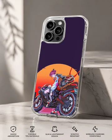 Anime motorcycle rider with vibrant sunset on phone case — Specs