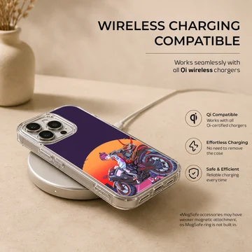 Anime motorcycle rider with vibrant sunset on phone case — Charging