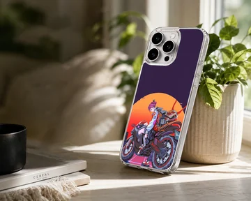 Anime motorcycle rider with vibrant sunset on phone case — Lifestyle