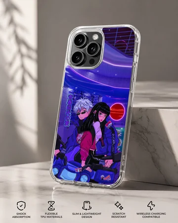 Anime motorcycle scene with dynamic characters, phone case — Specs