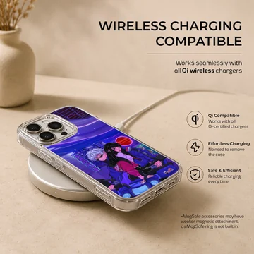 Anime motorcycle scene with dynamic characters, phone case — Charging