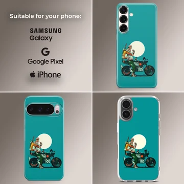 Dynamic anime motorcycle design on phone case. — Collage