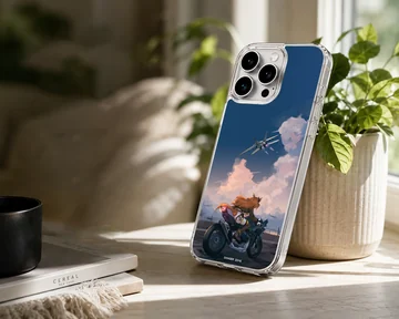 Anime motorcycle against a blue sky with aircraft in the background phone case — Lifestyle